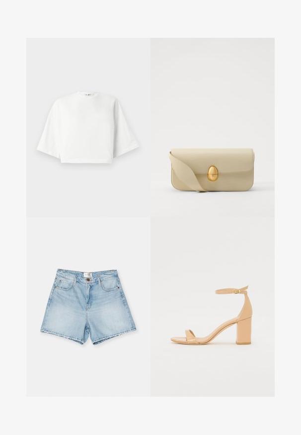T-shirt blanc court à coupe décontractée, manches courtes larges, encolure ronde et fentes latérales, fabriqué en coton doux.; FRAME THE EASY - Short en jean - fizz indigo; Sandales à talons en cuir verni nude avec un orteil carré, une sangle à la cheville et un talon bloc chunky. Texture lisse et détails de design minimalistes.; Sac à main en cuir beige avec une texture lisse, de forme rectangulaire et un fermoir ovale doré. Il dispose d'une longue bandoulière réglable.