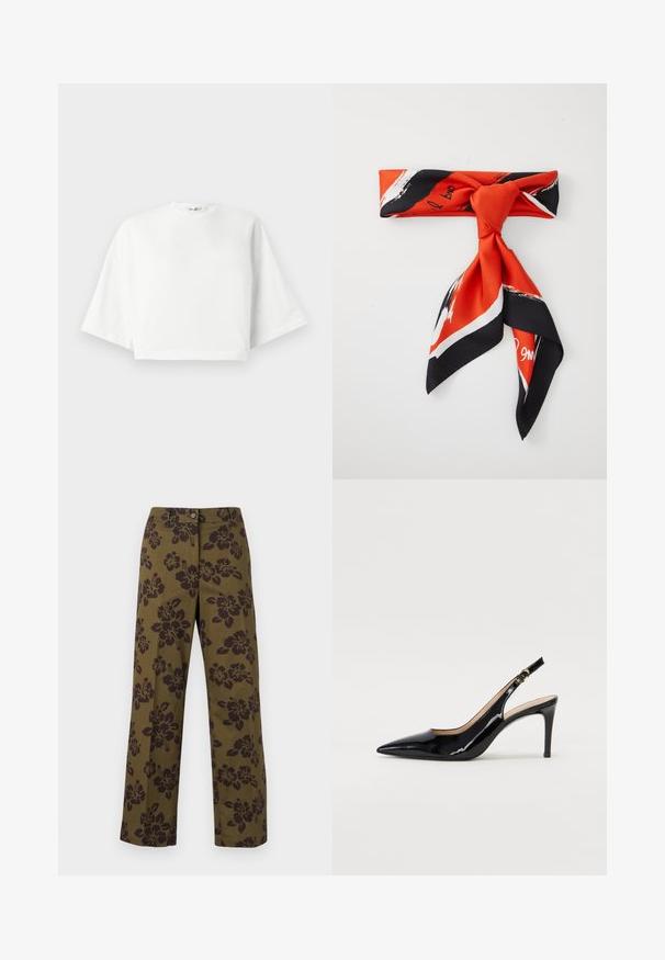 White cropped t-shirt with relaxed fit, short wide sleeves, round neckline, and side slits, made from soft cotton material.; Olive green wide-leg trousers made of cotton, featuring a dark floral pattern, a button closure, and straight-cut hem.; Black patent leather slingback pump with pointed toe, slim heel, and a subtle cutout design. Features a gold buckle on the strap.; Red and black silk scarf with a knotted design, featuring white brushstroke patterns and text elements along the edges.