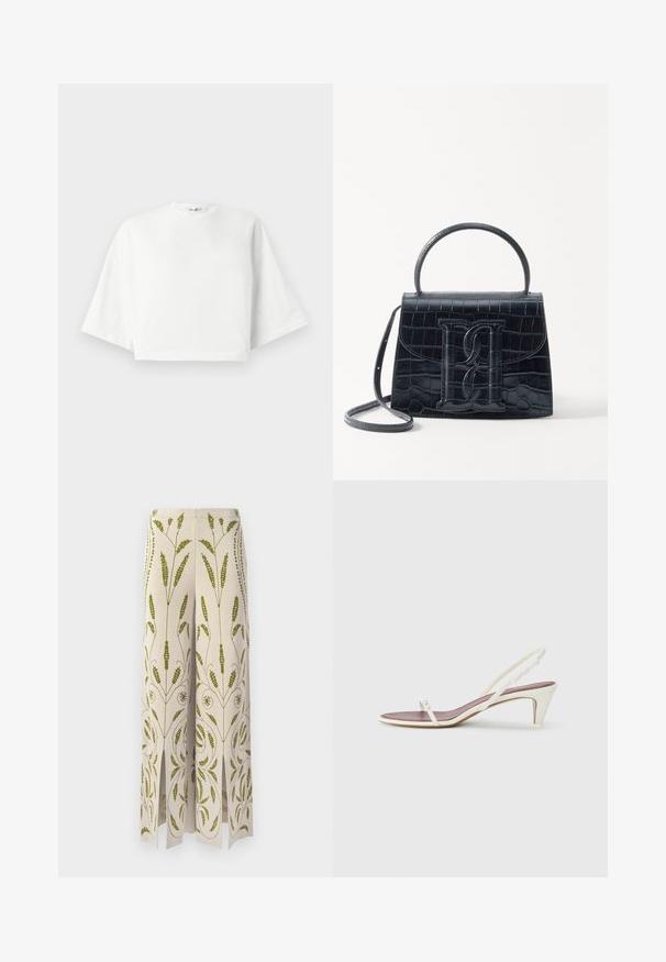 Balta trumpa marškinėlių su laisvu siluetu, trumpos plačios rankovės, apvalus kaklas ir šoninės skeltos, pagaminta iš minkštos medvilnės medžiagos.; Plati džinsai kreminės spalvos audinyje su žaliais gėlių siuvinėjimais. Savybės - įpjovos apatiniame krašte ir kruopščiai nupiešti botaniniai raštai.; Baltos slingback šlepetės su lengvu kulnu, plonais dirželiais ir lygia odos tekstūra; turi mažą dekoratyvinę sagtelę.; Juodas krokodilo rašto odinis rankinės krepšys su struktūruotu dizainu, viršutine rankena, reguliuojamu dirželiu ir išsiskiriančiu priekinio logo detale.