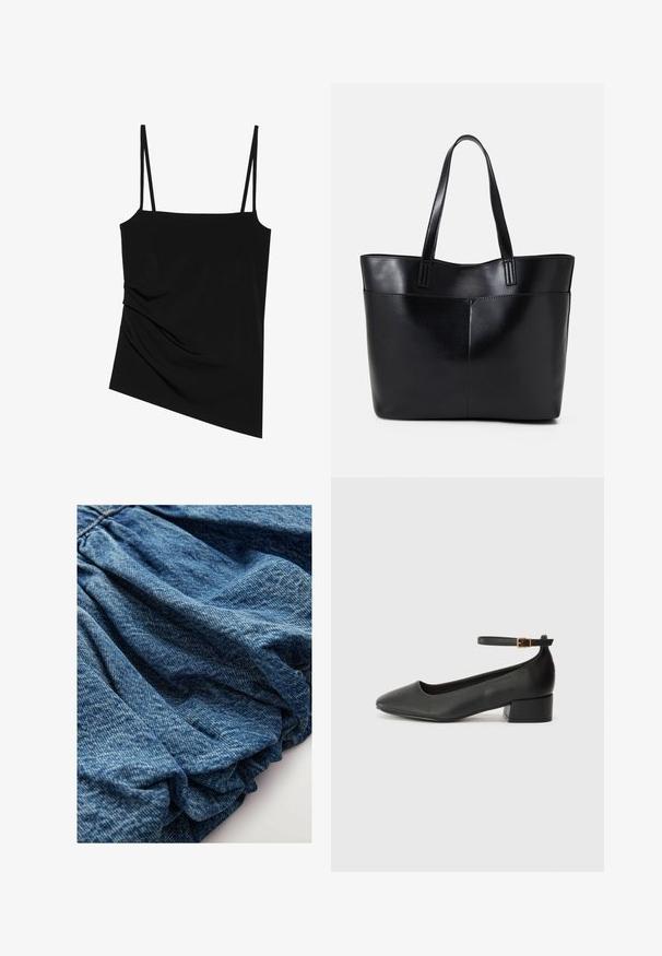 Top negru fără mâneci, cu bretele subțiri; are un design drapat pe o parte și o textură netedă; fabricat dintr-un material elastic.; Țesătură de denim într-o nuanță albastră profundă, cu o textură pliată care creează pliuri delicate. Suprafață netedă cu variații subtile de culoare.; Pantof cu toc negru din piele, cu vârf ascuțit și toc mic pătrat. Dispune de o curea la gleznă cu o cataramă în tonuri de aur. Textură netedă.; Geantă oversized din piele neagră, cu două mânere lungi, de textură netedă și formă structurată. Are un buzunar frontal pentru stocare suplimentară.