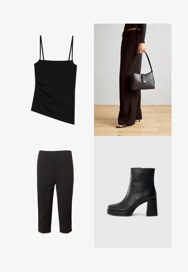 Black, sleeveless top with thin straps; features a draped design on one side and smooth texture; made of stretchy fabric.; Black cropped trousers made of smooth fabric, featuring a tailored design with front pleats and a straight cut. No visible pockets or embellishments.; Black leather ankle boot with a block heel and platform sole, viewed from the side on a plain white background.; Black handbag with structured shape, smooth texture, and a metallic clasp. Paired with wide black pants and open-toe sandals on wooden floor.