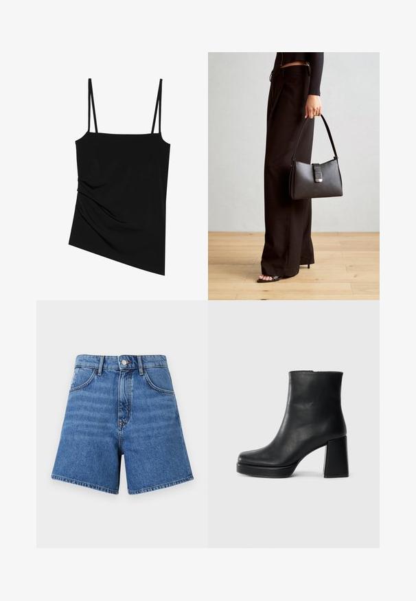 Black, sleeveless top with thin straps; features a draped design on one side and smooth texture; made of stretchy fabric.; Denim shorts in medium blue, featuring a high waist, five pockets, and contrast stitching. The fabric has a smooth texture and straight-cut legs.; Black leather ankle boot with a block heel and platform sole, viewed from the side on a plain white background.; Black handbag with structured shape, smooth texture, and a metallic clasp. Paired with wide black pants and open-toe sandals on wooden floor.