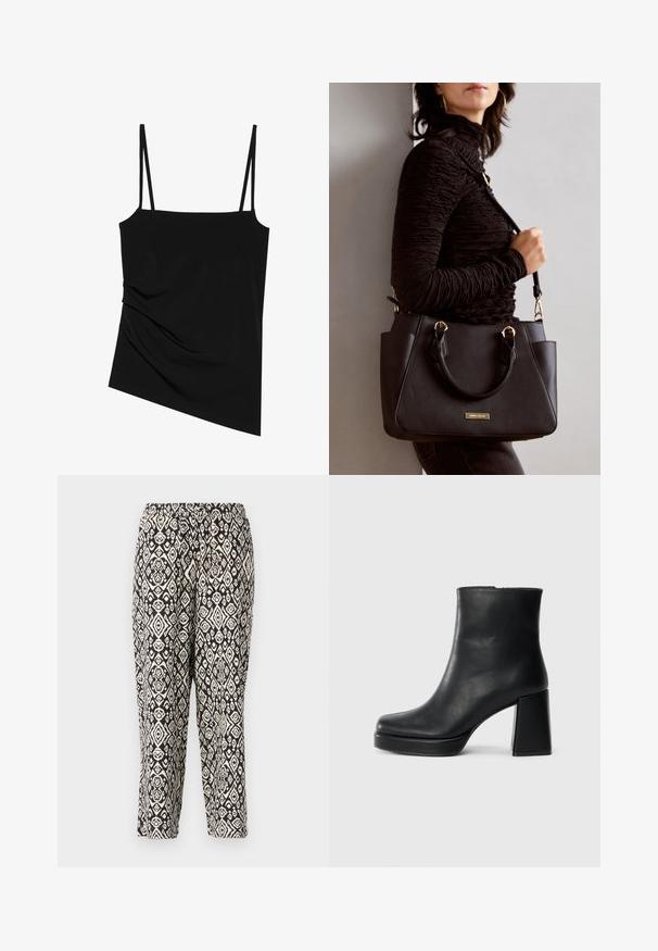 Svart, ermeløs topp med tynne stropper; har et drapert design på den ene siden og glatt tekstur; laget av stretchy stoff.; Svart og kremmønstrede bukser. Har elastisk midjebånd og et gjentagende geometrisk design med diamanter og blomstermotiver.; Sorte skinnankelsko med blokkhæl og plattformsåle, sett fra siden på en enkel hvit bakgrunn.; Svart håndveske med teksturert overflate, doble topphåndtak og justerbar skulderrem. Har detaljer i gulltone og sidelommer.