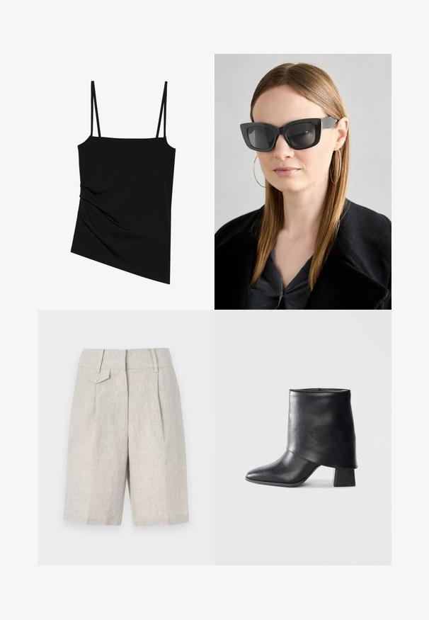 Fekete, ujjatlan felső vékony pántokkal; az egyik oldalon drapált kialakítással és sima textúrával rendelkezik; rugalmas anyagból készült.; Beige vászon rövidnadrág, igényes szabással, elülső redővel, egy gombos záródással és egyszerű derékpánttal.; Fekete bőr bokacsizma, hegyes orral, sima felülettel és strukturált blokk sarokkal. Magas, hajtott szegéllyel rendelkezik.; Fekete macskaszem napszemüveg sötét lencsékkel, vastag kerettel és diszkrét díszítésekkel. Fekete kabátot és szürke felsőt visel, hosszú egyenes hajjal.