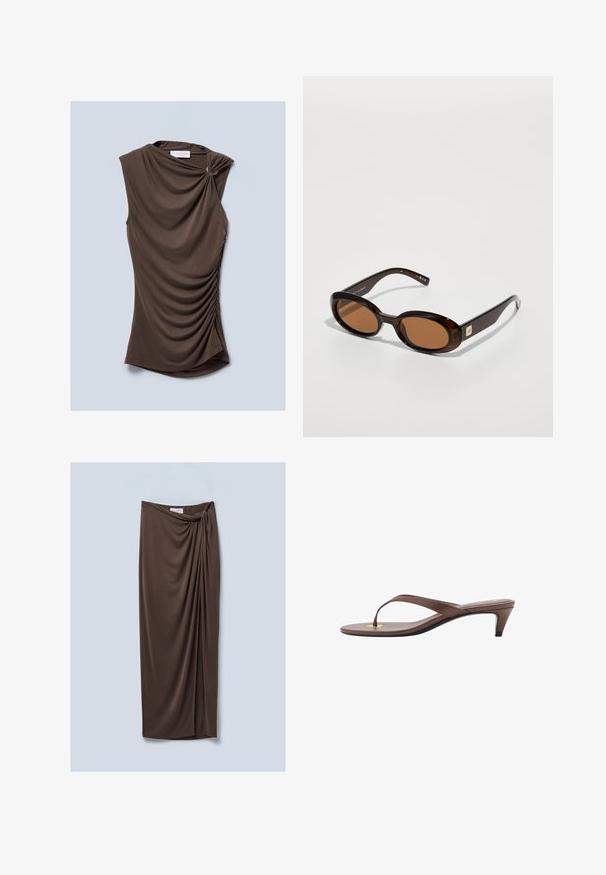 Smeđa majica bez rukava s drapiranim materijalom, s detaljem uvijenog ramena i nabranim stranama, izrađena od mekog, glatkog materijala.; Smeđa, suknja do koljena od mekog, drapiranog materijala. Ima detalj uvijenog čvora u struku i glatku teksturu.; Smeđe natikače na petu s tankim remenom i zaobljenim vrhom, sa malim zlatnim akcentom na ulošku.; Smeše smeđe boje sunčane naočale s ovalnim lećama, koje imaju tanak okvir i mali metalni detalj sa strane. Obrada je teksturirana i polirana.