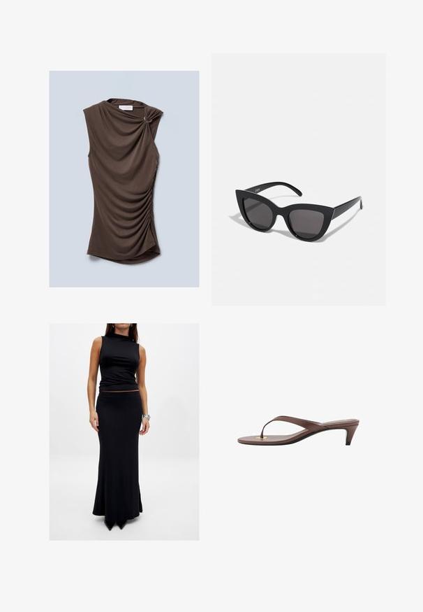 Rjava brezrokavna majica z drapirano tkanino, ki ima zavit detajl na rami in naborkane stranice, izdelana iz mehkega, gladkega materiala.; Črna brezrokavnik s ovratnikom, ki se prilega črni maxi krilu. Obe obleki sta izdelani iz gladkega blaga in nimata nobenih vzorcev.; Rjava natikača na peto s tankim trakom in zaobljenim prstom, ki ima majhen zlat poudarek na podplatu.; Črne mačke-oko sončna očala z mat zaključkom, ki imajo sive tonirane leče, ostre kote in eleganten stranski del. Ime blagovne znamke je vidno na notranjem ročaju.; Pletena bež torbica s nabranim dizajnom i zaobljenim oblikom, koja se odlikuje teksturiranom tkaninom i mekim gornjim otvorom.