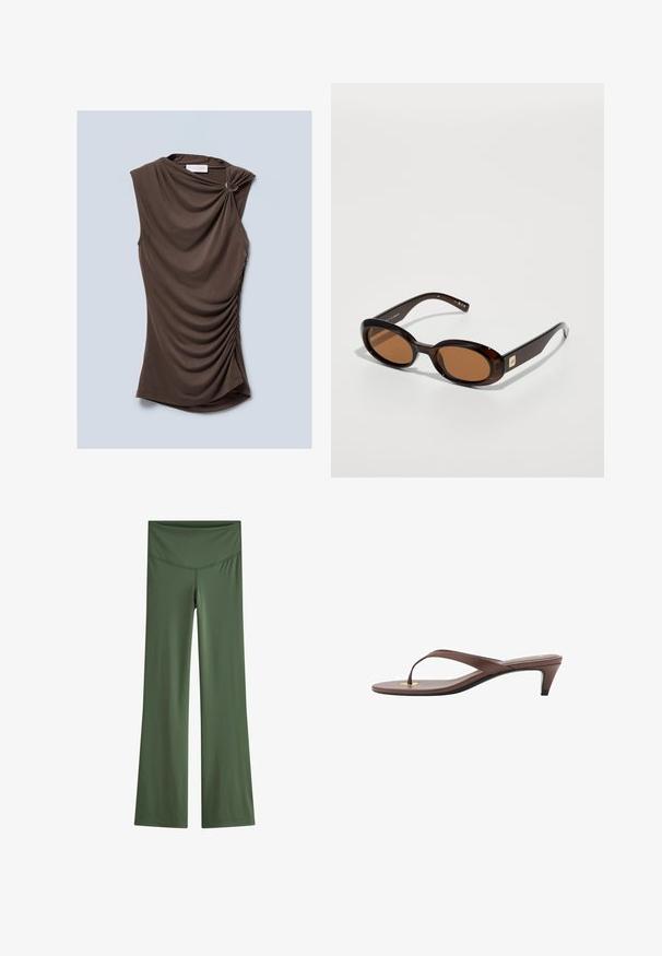 Brun ärmlös topp med draperat tyg, med en vriden axeldetalj och samlade sidor, tillverkad av ett mjukt och slätt material.; Utsvängda leggings i ett enhetligt olivgrönt tyg, med en mjuk midja och en elegant design utan framträdande mönster eller dekorationer.; Bruna klackflip-flopsandaler med en smal rem och rund tåpost, med en liten guldaccent på fotbädden.; Bruna sköldpaddssolglasögon med ovala linser, med en tunn båge och en liten metallaccent på sidan. Strukturerad och polerad finish.; Virkat beige kuvertväska med en rynkad design och rund form, som har en texturerad tygfinish och mjukt övre öppning.