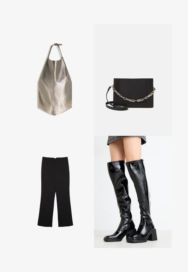 Grembiule grigio metallico con texture liscia, dotato di un'apertura circolare per il collo e un bordo inferiore piatto. Design semplice con spalline regolabili.; Pantaloni neri a gamba dritta, con tasche frontali e spacchi laterali all'orlo. Realizzati in tessuto morbido e liscio. Adatti a diverse occasioni.; Stivali neri, lucidi, al ginocchio con punta quadrata e tacco spesso. Presentano una cerniera laterale e un design aderente e testurizzato.; Borsa a tracolla nera in pelle con una texture liscia, forma rettangolare e dettaglio in catena metallica sul davanti. Inclusa una tracolla regolabile.