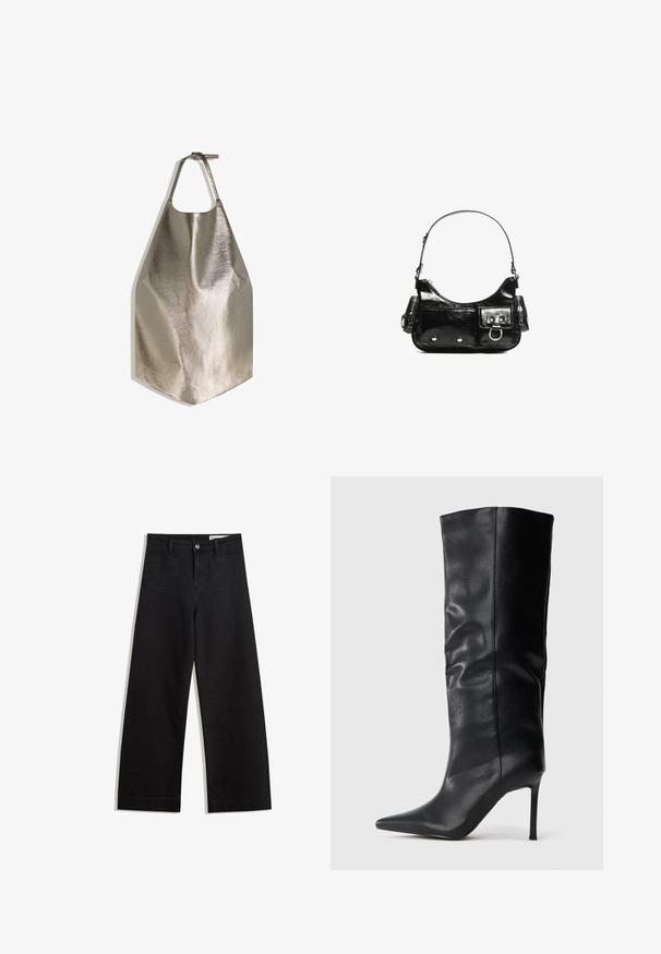 Fémes szürke kötény sima textúrával, kör alakú nyaknyílással és lapos alsó éllel. Egyszerű dizájn, állítható pánttal.; Fekete, bő szabású farmernadrág magas derékkal, elülső és hátsó zsebekkel, varrott felületekkel és gombos záródással. Sima textúra.; Fekete, térd fölé érő bőrcipő hegyes orral és vékony magassarkúval, egyszerű fehér háttér előtt.; Fekete lakkbőr kézitáska ívelt formával, egy vállpánttal, elülső zsebekkel és ezüstszínű fémrészletekkel.