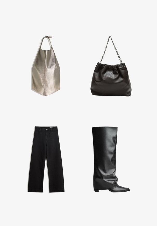 Metalická šedá zástěra s hladkým povrchem, s kulatým otvorem na krk a plochým spodním okrajem. Jednoduchý design s nastavitelným popruhem.; Černé denimové kalhoty s volným střihem a vysokým pasem, vybavené předními a zadními kapsami, prošívanými švy a knoflíkovým zapínáním. Hladká textura.; Černé kožené vysoké boty na kolena s hladkým povrchem, uvolněným designem, špičatou špičkou a nízkým čtvercovým podpatkem. Minimalistický styl bez viditelné kovové aplice.; Hnědá kožená taška se sbíraným vrškem a řetízkovým popruhem. Hladký povrch s lesklým finišem a jemným švem na bocích.