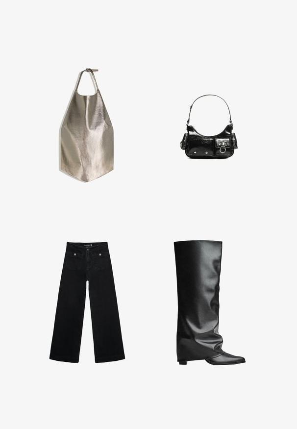 Metalická šedá zástěra s hladkým povrchem, s kulatým otvorem na krk a plochým spodním okrajem. Jednoduchý design s nastavitelným popruhem.; Černé široké džíny s vysokým pasem, obsahující dvě přední kapsy a kovové knoflíkové detaily. Látka má hladkou texturu.; Černé kožené vysoké boty na kolena s hladkým povrchem, uvolněným designem, špičatou špičkou a nízkým čtvercovým podpatkem. Minimalistický styl bez viditelné kovové aplice.; Černá lakovaná kožená kabelka s křivkovým tvarem, jedním ramenním popruhem, předními kapsami a stříbrnými kovovými detaily.