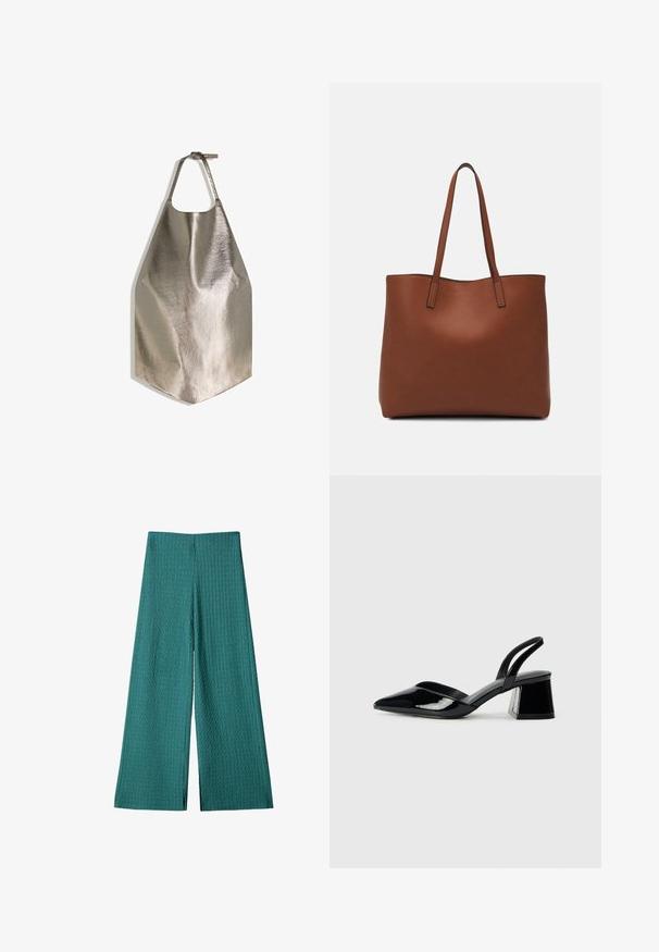 Metalna siva predpasnica z gladko teksturo, ki ima krožno otvoritev za vrat in ravno spodnjo rob. Preprost dizajn z nastavljivim trakom.; Teal široke hlače z teksturirano, ribasto tkanino. Imajo visok pas in so dolge do tal, ohlapnega kroja, kar jih naredi idealne za priložnostno nošenje.; Črne lakirane slingback pete s koničastim nosom in geometrijsko blokasto peto. Imajo eleganten, minimalističen dizajn in gladko teksturo.; Rjava usnjena torba z gladko teksturo, odprto zasnovo zgoraj in dvema naramnima trakovoma. Opremljena je z minimalnim šivanjem in brez vidnih kovinskih delov.