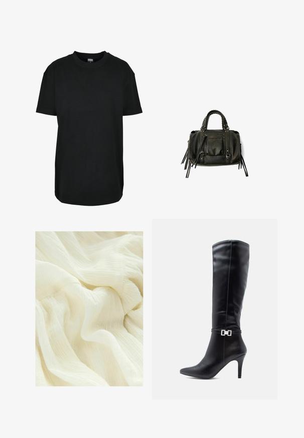 Črna bombažna majica s krožnim ovratnikom, kratkimi rokavi, sproščenim fitom in enostavnim dizajnom. Brez vidnih vzorcev ali dodatkov.; Guban bel tkanina z mehkim, prozornim teksturo. Material ima lahko, tekoč videz z subtilnimi različicami v tonih.; Črne usnjene čizme do kolen s koničastim nosom, visokim stiletto peto in dekorativno srebrno zaponko okoli gležnja.; Črna usnjena torba s pletenimi ročaji, žepom na zadrgo in visečimi resicami. Teksturična površina z kovinskimi okrasnimi studenčki in dodatki iz kovine.