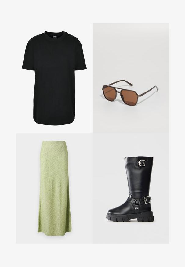 T-shirt en coton noir avec un col rond, des manches courtes, une coupe décontractée et un design uni. Pas de motifs ou d'accents visibles.; Samsøe Samsøe SAAGNETA LONG SKIRT - Jupe longue - peridot mel; Botte en cuir noire mi-mollet avec semelle épaisse à crampons, deux sangles à boucle en argent - une en haut et une autour de la cheville.; Lunettes de soleil marron avec une monture géométrique, dotées de verres marron riche et de fines accents métalliques sur les branches, sur un fond neutre.; Sac à main en cuir noir avec des poignées tressées, une poche zippée et des glands suspendus. Surface texturée avec des clous en métal et des accents en métal.; Montre carrée Cluse avec un cadran blanc, des accentuations dorées et argentées, et un bracelet bimétallique présentant des maillons alternés en or et en argent.