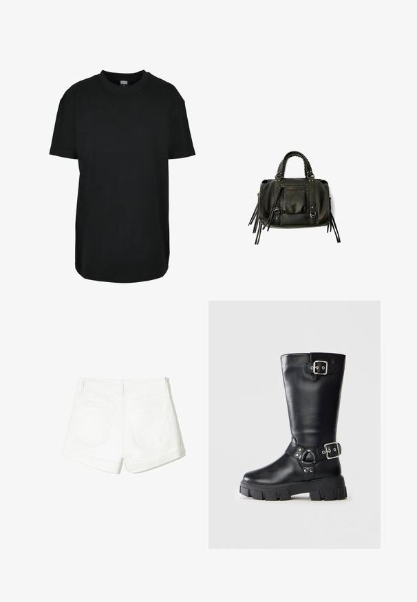 Tricou negru din bumbac cu guler rotund, mâneci scurte, croială lejeră și design simplu. Fără modele sau accente vizibile.; Shorts din denim alb cu un tiv rulat, două buzunare pe spate și o textură netedă. Design simplu, fără accesorii vizibile sau modele.; Botine negre din piele până la jumătatea gambei, cu talpă groasă tip lug, două curele cu cataramă argintie — una în partea de sus și una în jurul gleznei.; Geantă din piele neagră, cu mânere împletite, buzunar cu fermoar și ciucuri suspendați. Suprafață texturată cu capse metalice și accente din metal.; Ceas Cluse pătrat cu un cadran alb, accente de aur și argint, și o curea bimetalică cu linkuri alternante de aur și argint.