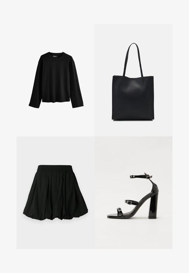 Zwarte langarm T-shirt van zacht katoen. Beschikt over een ronde halslijn, een relaxed fit en een minimalistisch ontwerp zonder patronen of versieringen.; Zwarte rok met een elastische tailleband, met een geplooid ontwerp. Het materiaal lijkt lichtgewicht met een gladde textuur.; Zwarte gepatenteerde sandalen met hak en een vierkante neus, enkelbandjes en zilveren gespen. Heeft een stevige blokhak voor stabiliteit.; Zwarte leren handtas met een gladde textuur, rechthoekige vorm en twee lange handvaten. Geen zichtbare hardware of versieringen.
