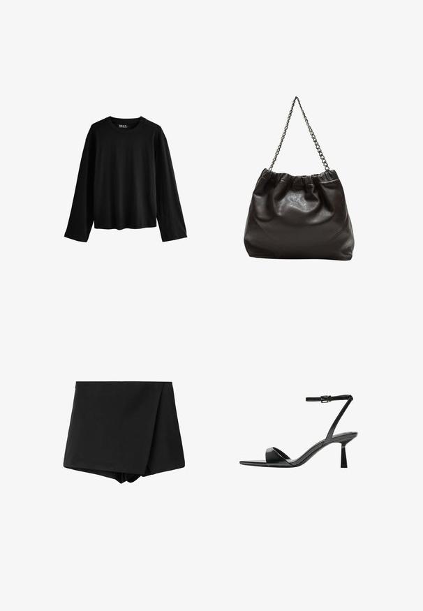 T-shirt nero a maniche lunghe realizzato in morbido cotone. Presenta un collo rotondo, una vestibilità rilassata e un design minimalista senza motivi o decorazioni.; Pantaloni shorts neri avvolgenti realizzati in tessuto liscio, con vita alta e una vestibilità comoda. Nessun motivo o dettaglio visibile.; Bershka Sandali con tacco - black; Borsa in pelle marrone con parte superiore arricciata e tracolla a catena. Texture liscia con finitura lucida e dettagli di cucitura sottili sui lati.