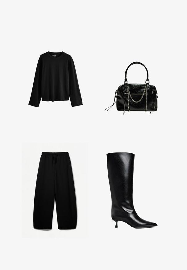 Musta pitkähihainen T-paita pehmeästä puuvillasta. Ominaisuuksiin kuuluu pyöreä pääntie, rento istuvuus ja minimalistinen muotoilu ilman kuvioita tai koristeita.; Mustat leveät housut, joissa on joustava vyötärö ja kiristysnauha. Pehmeä kangas, jossa on sileä pinta. Suora leikkaus, jossa on sivusaumat.; Mustassa nahasta valmistetut polvipituiset saappaat, joissa on teräväkärkinen muotoilu, hoikka siluetti ja matala lohkarekorko, joka kiiltää.; Bershka WITH CHAIN - Käsilaukku - black