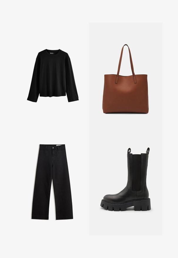 Czarna, długorękawowa koszulka z miękkiej bawełny. Posiada okrągły dekolt, luźny krój oraz minimalistyczny design bez wzorów i ozdób.; Czarne dżinsowe spodnie o szerokich nogawkach i wysokim stanie, z przednimi i tylnymi kieszeniami, przeszyciami oraz zapięciem na guziki. Gładka struktura.; Czarne skórzane botki za kostkę z elastycznymi panelami bocznymi, uchwytami do zakupu, grubą, żłobioną podeszwą i wzmocnionymi detalami szwów. Powierzchnia ma gładką teksturę.; Brązowa skórzana torba tote o gładkiej fakturze, z otwartym wierzchem i dwoma ramiączkami. Charakteryzuje się minimalnym przeszyciem i brakiem widocznych elementów metalowych.