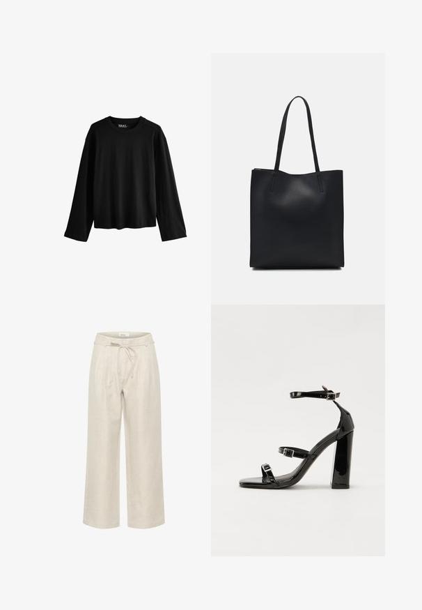 Fekete, hosszú ujjú póló, puha pamutból készült. Kerek nyakú, laza sziluettel rendelkezik, és minimalista dizájn jellemzi, minták vagy díszítések nélkül.; Bézs vászon, széles lábú nadrág, húzózsinóros derékkal és elülső redőkkel, sima textúrával és ankle-hosszal.; Fekete lakk magas sarkú szandál négyzet alakú orral, bokapántokkal és ezüst csatokat tartalmaz. Masszív blokk sarka a stabilitásért felel.; Fekete bőrtáska sima felszínnel, téglalap alakú, két hosszú füllel. Nincs látható fémkiegészítő vagy díszítés.