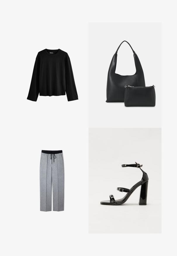 Camiseta negra de manga larga hecha de algodón suave. Presenta un escote redondo, un corte relajado y un diseño minimalista sin patrones ni adornos.; Pantalones de chándal grises con cintura negra ajustable, bolsillos laterales y diseño con pliegues; fabricados en una suave tela texturizada con un corte relajado.; Sandalias de tacón de charol negro con punta cuadrada, correas en el tobillo y hebillas plateadas. Presentan un tacón grueso para mayor estabilidad.; Even&Odd Bolso de mano - black