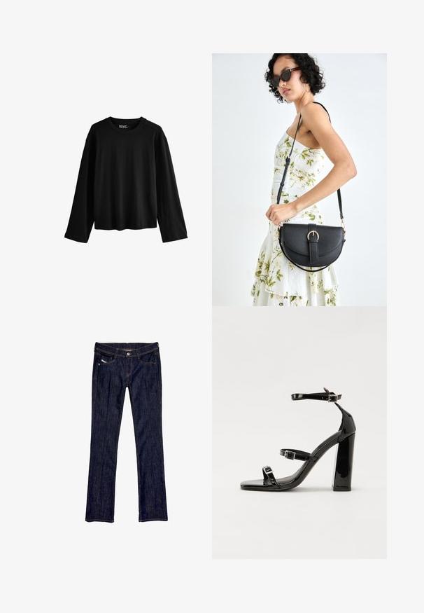Černé dlouhý rukáv tričko vyrobené z jemné bavlny. Má kulatý výstřih, volný střih a minimalistický design bez vzorů nebo dekorací.; Tmavě modré džíny z denimu se střihem rovného nohavice, s předním zapínáním na knoflík, pěti kapsami a viditelným švem podél švů.; Černé lakované sandály na vysokém podpatku se dvěma pásky se sponami, čtvercovou špičkou a robustním blokovým podpatkem, s hladkou, lesklou texturou.; Černá kožená kabelka s křivkovým tvarem, odnímatelným popruhem a zlatými detaily. Kabelka má klopu s přezkou.