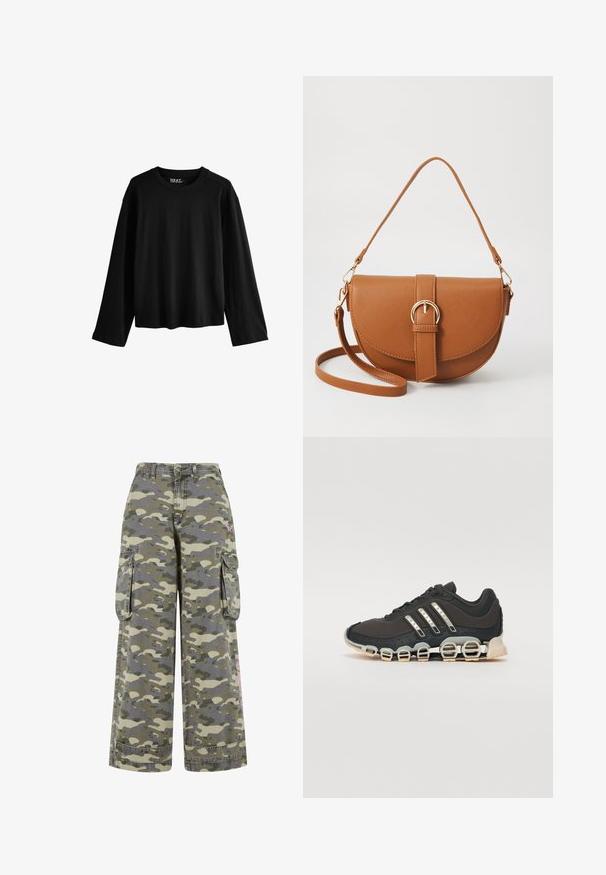 Fekete, hosszú ujjú póló, puha pamutból készült. Kerek nyakú, laza sziluettel rendelkezik, és minimalista dizájn jellemzi, minták vagy díszítések nélkül.; Zöld és bézs katonai mintás cargo nadrág, laza szabással, két oldalsó zsebbel és rózsaszín díszítéssel a lábon.; Fekete sportcipő texturált felsőrésszel, három ezüst csíkkal, és egy jellegzetes párnázott talppal, amely több integrált szakaszból áll.; Barna bőr keresztbody táska ívelt formával, aranyszínű fémrészekkel és csat díszítéssel. Levehető vállpánttal rendelkezik.