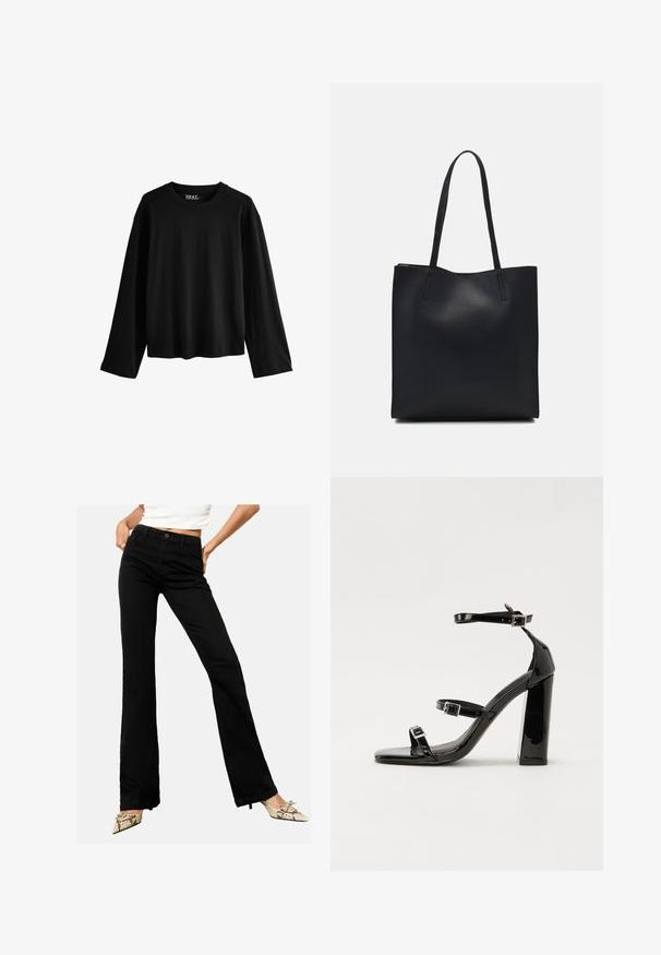 Fekete, hosszú ujjú póló, puha pamutból készült. Kerek nyakú, laza sziluettel rendelkezik, és minimalista dizájn jellemzi, minták vagy díszítések nélkül.; Fekete, bővülő farmernadrág, elöl gombos zárással és öt zsebes kialakítással, semleges háttér előtt bemutatva.; Fekete lakk magas sarkú szandál két csatos pánttal, négyzet alakú orral és tömzsi blokk sarokkal, sima, fényes felülettel.; Fekete bőrtáska sima felszínnel, téglalap alakú, két hosszú füllel. Nincs látható fémkiegészítő vagy díszítés.