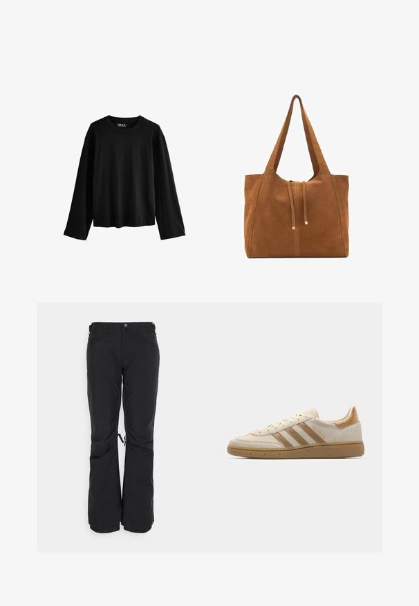 Zwarte langarm T-shirt van zacht katoen. Beschikt over een ronde halslijn, een relaxed fit en een minimalistisch ontwerp zonder patronen of versieringen.; Zwarte skibroek van duurzaam materiaal, met een rechte pijpdesign, twee zijzakken en verstelbare manchetten met trekkoorden.; Beige suède sneakers met lichtbruine accenten. Voorzien van drie bruine stripes, een textuur rubberen zool en een afgeronde neus.; Bruine suède schoudertas met twee lange hengsels, trekkoordsluiting en minimalistisch ontwerp. Gladde textuur en geen zichtbare hardware-accenten.