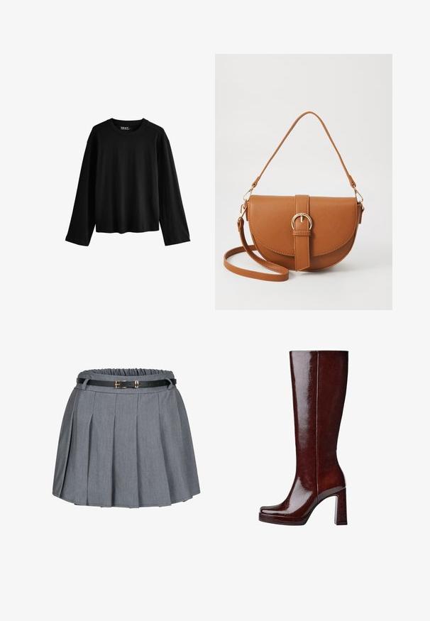 Črna dolga majica z dolgimi rokavi, izdelana iz mehkega bombaža. Ima okroglo vratno izreza, sproščen kroj in minimalističen dizajn brez vzorcev ali okrasnih elementov.; Siva plisirana krila z nabranim pasom in črnim pasom, ki ima zlat članek. Mehka tkanina z gladko teksturo.; Čizmice iz globoko rdeče usnje, ki segajo do kolen, z kvadratnim nosom, dvignjeno platformo in masivnim blok peto. Gladka tekstura z minimalnim okrasjem.; Rjava usnjena torbica prek telesa s ukrivljeno obliko, zlate opreme in sponko. Ima odstranljiv naramni trak.