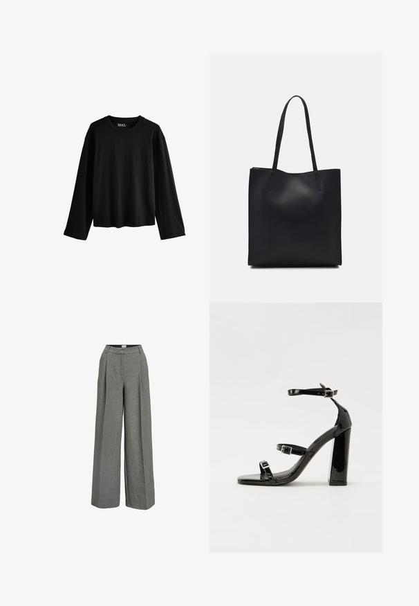 Black long-sleeve T-shirt made from soft cotton. Features a round neckline, relaxed fit, and minimalist design without patterns or embellishments.; Gray wide-leg trousers made from lightweight fabric. Features a pleated front, high waist, and a smooth texture.; Black patent heeled sandals with a square toe, ankle straps, and silver buckles. Features a chunky block heel for stability.; Black leather tote bag with smooth texture, rectangular shape, and two long handles. No visible hardware or embellishments.