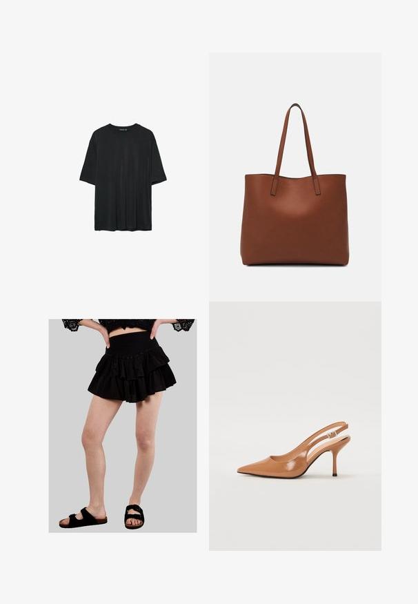 T-shirt nero a maniche corte realizzato in tessuto morbido, con scollatura rotonda e vestibilità comoda, senza modelli o accenti visibili.; Gonna nera a strati con volant e vita elasticizzata, realizzata in un tessuto leggero. Abbinata a sandali neri con due cinturini regolabili.; Tacco slingback a punta affusolata in un materiale tan liscio e lucido. Presenta un design con ritaglio curvo e un sottile tacco a stiletto. Dettaglio con fibbia argentata.; Borsa tote in pelle marrone con texture liscia, design con apertura superiore e due spallacci. Presenta cuciture minime e nessun hardware visibile.