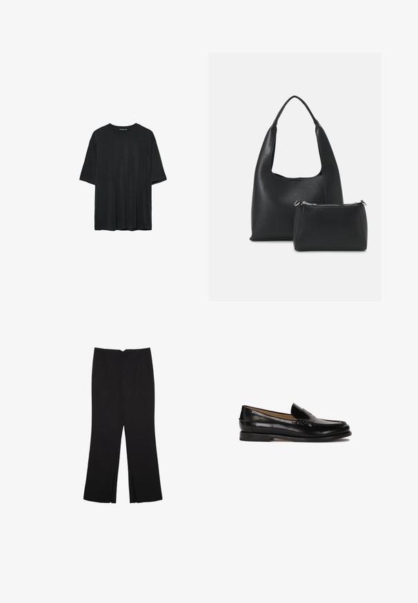 Czarny krótki rękaw t-shirt wykonany z miękkiego materiału, z okrągłym dekoltem i luźnym krojem, bez widocznych wzorów lub akcentów.; Czarne spodnie o prostym kroju, z przednimi kieszeniami i bocznymi rozcięciami na dole. Wykonane z miękkiego, gładkiego materiału. Odpowiednie na różne okazje.; Czarne skórzane mokasyny z okrągłym noskiem, łatwe do zakładania, z subtelnymi przeszyciami wzdłuż cholewki. Płaska gumowa podeszwa.; Even&Odd - Torebka