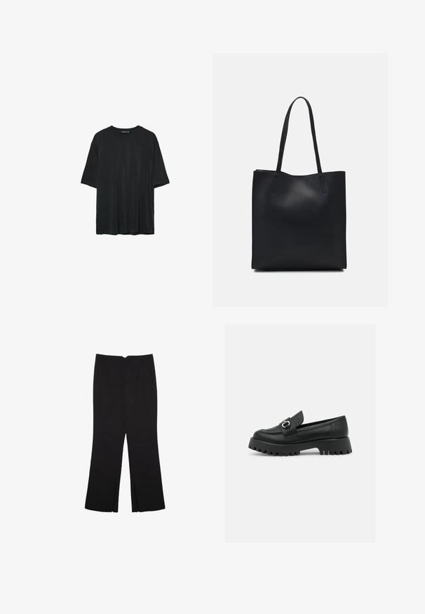Čierne tričko s krátkym rukávom vyrobené z jemného materiálu, s okrúhlym výstrihom a voľným strihom bez viditeľných vzorov alebo akcentov.; Čierne nohavice so strihom rovného strihu, s prednými vreckami a bočnými rozparkami na leme. Vyrobené z mäkkej, hladkej tkaniny. Vhodné na rôzne príležitosti.; Čierne kožené mokasíny s okrúhlou špičkou, s prackou na ozdobu a robustnou, drvenou podrážkou. Hladká textura s minimom švov.; Čierna kožená taška na rameno s hladkým povrchom, obdĺžnikovým tvarom a dvoma dlhými uchami. Bez viditeľného kovania alebo ozdôb.