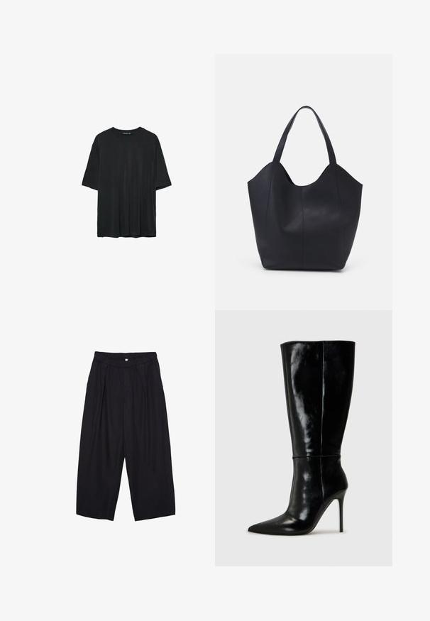 T-shirt nero a maniche corte realizzato in tessuto morbido, con scollatura rotonda e vestibilità comoda, senza modelli o accenti visibili.; Pantaloni culotte neri in poliestere con una cintura elastica, due pieghe frontali e una silhouette ampia. Nessun motivo visibile o dettagli in metallo.; Stivali neri in pelle alti fino al ginocchio con punta affusolata e tacchi a stiletto alti. Texture liscia e design elegante, con decorazioni minime.; Borsa tote nera realizzata in pelle liscia, con una parte superiore curva e aperta, dotata di due manici per spalla e un design minimalista.