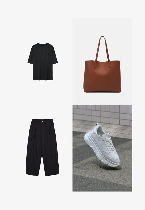 Black short-sleeve t-shirt made of soft fabric, featuring a rounded neckline and a relaxed fit with no visible patterns or accents.; Black polyester culotte pants with an elastic waistband, two front pleats, and a loose silhouette. No visible patterns or hardware details.; White leather sneaker with a thick, textured rubber sole, featuring lace-up closure and stitching details. Rounded toe and ankle support design.; Brown leather tote bag with a smooth texture, open top design, and two shoulder straps. Features minimal stitching and no visible hardware.