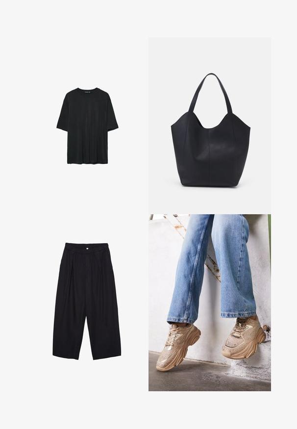Crna majica kratkih rukava od mekog materijala, s okruglim izrezom i opuštenim krojem bez vidljivih uzoraka ili detalja.; Crne poliester hlače culotte s elastičnim pojasom, dva prednja nabora i širokim krojem. Nema vidljivih uzoraka ili metalnih detalja.; Bež teniske s metalnim detaljima, teksturiranim dizajnom i kamenčićima, u kombinaciji sa svijetloplavim farmerkama ravnog kroja.; Crna torba od glatke kože, s zakrivljenim otvorenim vrhom, dva remena za rame i minimalističkim dizajnom.