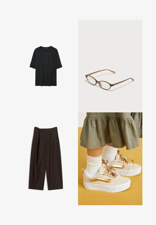 Musta lyhythihainen t-paita pehmeästä kankaasta, jossa on pyöreä kaula-aukko ja rento istuvuus, ilman näkyviä kuvioita tai koristeita.; Tummanruskeat leveälahkeiset housut, joissa on korkea vyötärö, yhden napin sulkea ja pleatattu etuosa. Valmistettu kevyestä kankaasta.; Vans KNU STACK - Skeittikengät - high shine gold; Ruskeat kilpikonnaruutulasiset silmälasit, joissa ovaalit linssit, ohuet varret ja läpinäkyvät yksityiskohdat. Temppeleissä on huomaamaton logo. Suunnittelultaan suora ja kevyt.