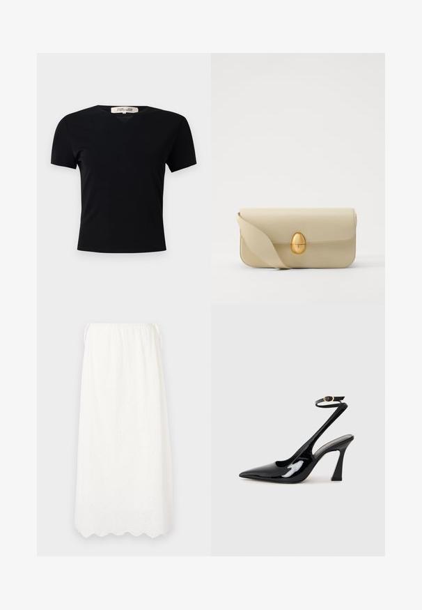 Camiseta negra de manga corta con diseño de cuello en V, fabricada en un tejido liso y elástico. Presenta una silueta simple y clásica sin adornos.; DESIGNERS REMIX LUNA MAXI SKIRT - Falda larga - cream; Tacan de charol negro con tacón alto de slingback, con punta afilada, correa ajustable en el tobillo y un tacón bloque moderado. Textura suave con acabado brillante.; Bolso de mano de cuero beige con una textura suave, forma rectangular y un cierre ovalado dorado. Cuenta con una correa larga y ajustable.
