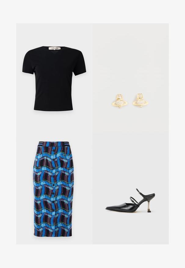 Černé tričko s krátkým rukávem a výstřihem do V, vyrobené z hladkého, elastického materiálu. Obsahuje jednoduchý, klasický střih bez ozdob.; Sukně po kolena modré barvy s multicolor vlnitým vzorem, s černým páskem, předními knoflíky a dvěma bočními kapsami.; Černé kožené slingback boty s špičatou špičkou, se dvěma nastavitelnými pásky a kovovým podpatkem. Hladký povrch a minimalistický design.; Náušnice s pozlacenými cvoky ve tvaru Saturnu, s texturovaným páskem a vsazenými kulatými krystaly pro zvýraznění třpytu.