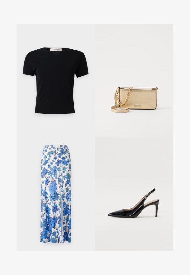 Black short-sleeve t-shirt with a V-neck design, made of a smooth, stretchy fabric. Features a simple, classic silhouette without embellishments.; Maxi skirt in white fabric with blue floral pattern. Features a side slit and a smooth, lightweight texture.; Black patent leather slingback pump with pointed toe, slim heel, and a subtle cutout design. Features a gold buckle on the strap.; Metallic gold leather clutch with a textured finish, featuring a gold chain strap and a removable shoulder strap. Brand logo embossed.