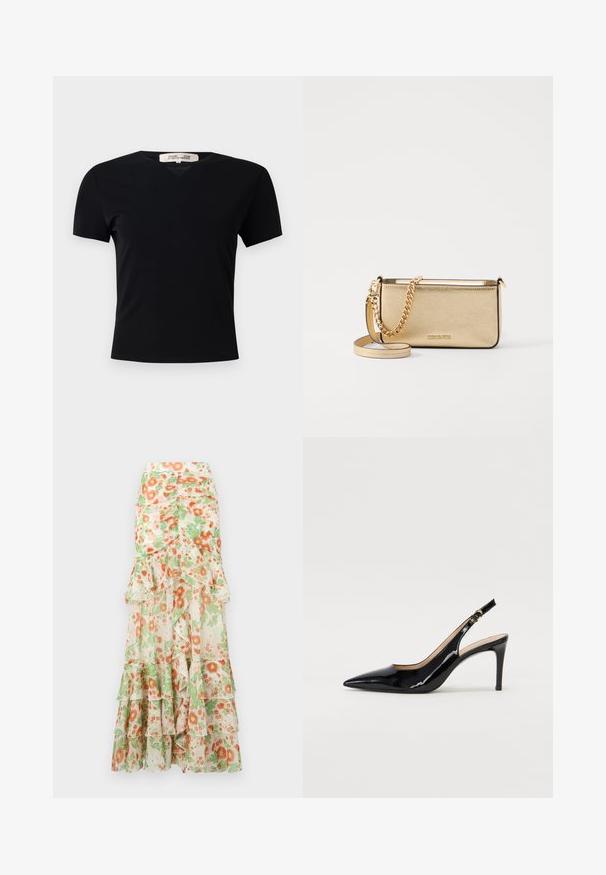 Crna kratka majica s kratkim rukavima i V-izrezom, izrađena od glatkog, rastezljivog materijala. Ima jednostavan, klasičan kroj bez ukrasa.; Cvjetna maxi suknja s krem bojom, uzorkom narančastih i zelenih cvjetova, naboranim slojevima i dizajnom struka koji se uklapa.; Crne lakirane slingback cipele s oštrim vrhom, uskim potpeticama i suptilnim izrezom. Sadrže zlatnu kopču na traku.; Metalna zlatna kožna torbica s teksturiranom površinom, opremljena zlatnim lancem i uklonjivom naramenicom. Utisnuti logotip branda.