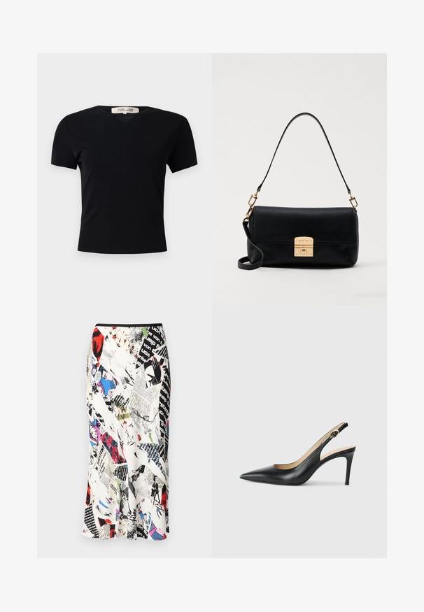 Schwarzes T-Shirt mit kurzen Ärmeln und V-Ausschnitt, aus einem glatten, elastischen Stoff hergestellt. Besitzt eine einfache, klassische Silhouette ohne Verzierungen.; Diane von Furstenberg MAE SKIRT - Bleistiftrock - multi coloured; Schwarze Leder-Slingback-High-Heels mit spitzem Zehenbereich, verstellbarem Riemen und schlankem Stiletto-Absatz, ausgestattet mit einer glatten Oberfläche.; Schwarze Lederhandtasche mit flacher, rechteckiger Form, goldfarbenen Beschlägen und einem oberen Griff. Mit einer Verschlussklammer und einem charakteristischen Logo-Detail.