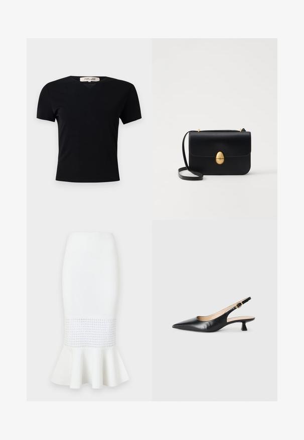 Camiseta negra de manga corta con diseño de cuello en V, fabricada en un tejido liso y elástico. Presenta una silueta simple y clásica sin adornos.; Falda midi blanca de tela acanalada, con un panel de malla en el dobladillo y un fondo acampanado. Textura suave con recortes circulares.; Zapato de tacón bajo tipo slingback de piel negra con punta afilada y hebilla dorada en la correa lateral, sobre fondo blanco.; Bolso de mano de cuero negro con forma rectangular estructurada. Presenta un cierre ovalado dorado y una delgada correa para el hombro. Textura suave.; Los pendientes de aro de plata presentan un diseño suave y redondeado con un perfil delgado y un cierre seguro. Estilo minimalista con un acabado pulido.