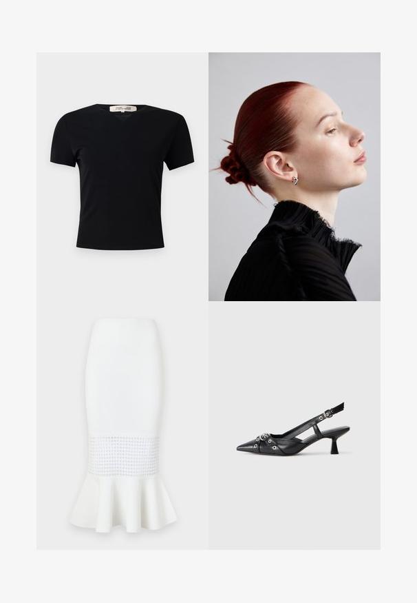 Czarny t-shirt z krótkim rękawem w kształcie litery V, wykonany z gładkiego, elastycznego materiału. Posiada prostą, klasyczną sylwetkę bez zdobień.; Biała midi spódnica z prążkowanej tkaniny, z siateczkowym panelem u dołu i rozkloszowanym zakończeniem. Gładka tekstura z okrągłymi wycięciami.; Czarne skórzane buty typu slingback z ostrym noskiem, ozdobnymi paskami z metalowymi oczkami oraz niskim klinowym obcasem. Teksturowana powierzchnia.; Srebrne kolczyki, teksturowana czarna bluzka z plisami z wysokim kołnierzem oraz gładki, ciasny kok z czerwonych włosów. Profil boczny na jasnym tle.