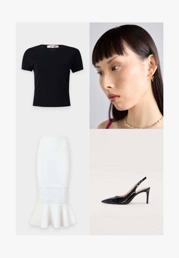 Črna kratka majica s kratkimi rokavi in V-izrezom, izdelana iz gladkega, raztegljivega materiala. Ima preprost, klasičen kroj brez okrasnih elementov.; Bela midi krila narejena iz rebraste tkanine, ki na robu vsebuje mrežno ploščo z razširjenim dnom. Gladka tekstura z okroglimi izrezi.; Črne lakirane slingback čevlje z izostrenim nosom, ozkim peto in subtilnim izrezom. Na traku je zlata sponka.; Zlati obročasti uhani, nanešeni na desnem ušesu, z odprtim dizajnom. Model ima ravne temne lase in minimalno ličenje.