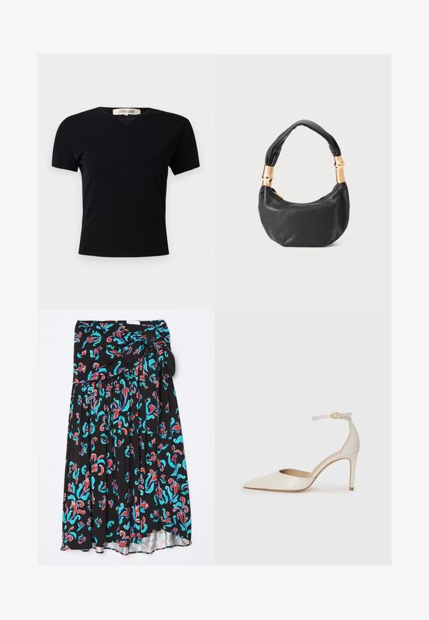 Melnā īsām piedurknēm t-krekls ar V-veida kakla izgriezumu, izgatavots no gluda, elastīga auduma. Piedāvā vienkāršu, klasisku siluetu bez rotājumiem.; Melna midijas svārki ar krāsainu ziedu rakstu sarkanos un turkoza toņos, ar aukliņu vidukļa daļā un plisēta konstrukcija papildu tekstūrai.; Baltas ādas augstpapēžu kurpes ar smailu purngala daļu, potītes siksniņu un šauru stiletto papēdi. Gluda tekstūra ar smalku spīdumu.; Melnas ādas rokassoma ar apaļu formu, mīkstu tekstūru un mezgla rokturi, kas rotāts ar zelta tonētiem aksesuāriem. Ar rāvējslēdzēja aizdari.