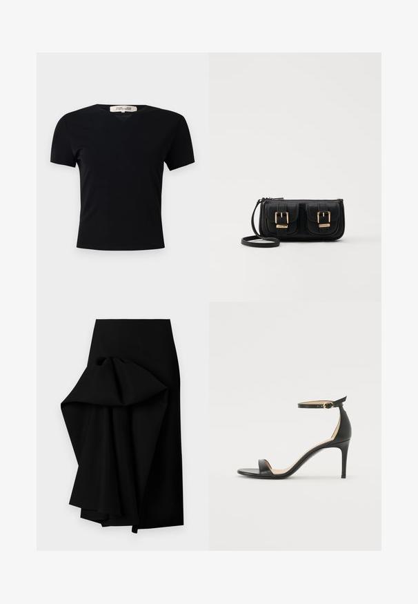 Black short-sleeve t-shirt with a V-neck design, made of a smooth, stretchy fabric. Features a simple, classic silhouette without embellishments.; Black skirt made of smooth fabric, featuring an oversized draped design on one side, forming a high-low hemline.; Black leather high-heeled sandal with an ankle strap. Features a smooth texture, open toe, and a thin heel. Gold-toned buckle detail.; Black leather crossbody bag with two front pockets, gold buckles, zipper closure, and a slim strap. Textured surface and compact rectangular shape.