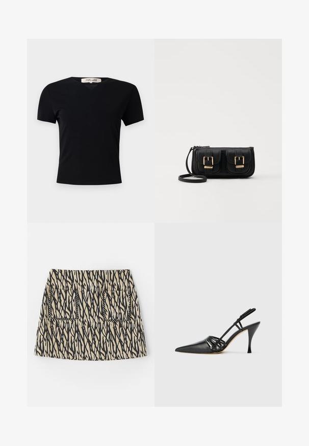 Mustasa lyhythihainen t-paita V-kaula-aukolla, valmistettu sileästä ja joustavasta kankaasta. Ominaisuuksiin kuuluu yksinkertainen, klassinen siluetti ilman koristeita.; Lyhyt hame, jossa on musta ja beige abstrakti kuvio, ja jossa on kaksi etutaskua, joissa on musta sauma. Puuvillasekoitekangasta.; Mustat nahkakengät, joissa on korkea kantalukko, terävä kärki, ristikkäin menevät hihnat ja hoikka stiletto-korko. Tasainen pinta ja vähäiset korostukset.; Musta nahkainen olkalaukku, jossa on kaksi etutaskua, kultaiset soljet, vetoketjukiinnitys ja kapea hihna. Teksturoidun pinnan ja kompaktin suorakaiteen muoto.; Korvakorut kultasävytteistä metallista, joissa on kaareva, pitkänomainen muoto. Ominaisuuksiin kuuluu sileä, kiiltävä pinta ja pyöreä kärki lisäyksinä.