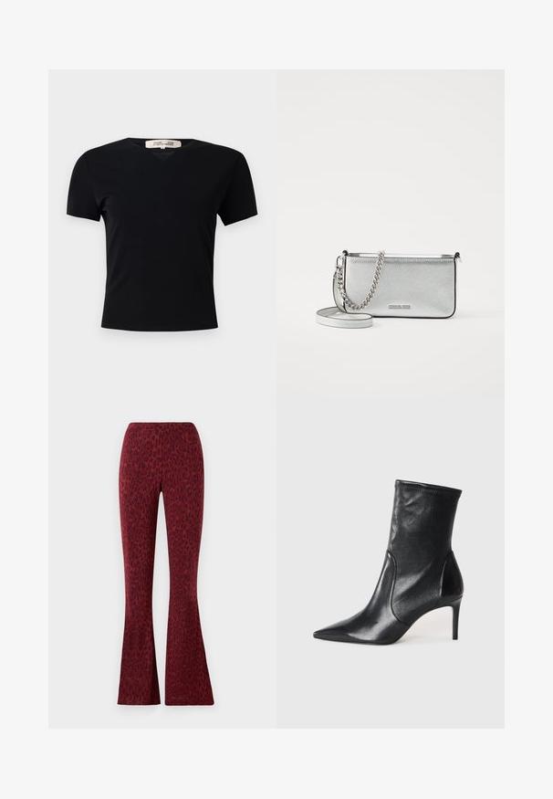 Černé tričko s krátkým rukávem a výstřihem do V, vyrobené z hladkého, elastického materiálu. Obsahuje jednoduchý, klasický střih bez ozdob.; Červené rozšířené kalhoty s sametovým leopardím vzorem, hladkým povrchem a elastickým pasem pro pohodlí.; Černé kotníkové boty vyrobené z hladké kůže, s špičatou špičkou, těsným svrškem a tenkým vysokým podpatkem. Minimalistický design bez viditelné mechaniky.; Stříbrná kožená kabelka přes rameno s texturovaným povrchem, akcenty z řetízku a popruhu a uzavíráním na zip. Na přední straně má logo.